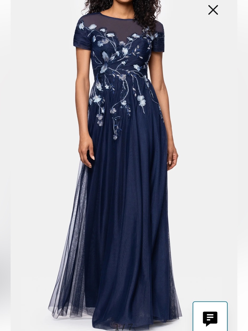 Betsy Adam Navy Embroidered Tulle Evening Gown
